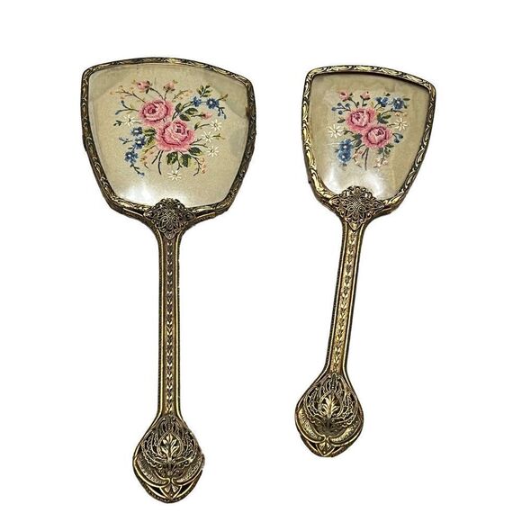 Vintage Art Nouveau Floral Embroidered Gold Filigree Brush & Mirror Set - Picture 1 of 4